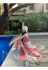 Red cherry checkered lace sleeveless long dress