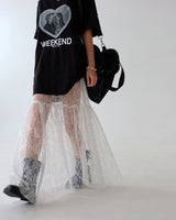 lace see-through flare layered maxi long skirt