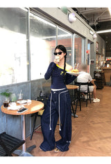 アンバランスオフショルダーブロックコアロングスリーブTシャツ