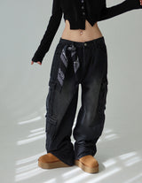 [UNISEX] シルバーカーゴバックバンドデニムワイドパンツ