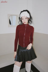 velvet line half-turtleneck zip-up slim top