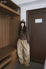 wool cotton shirring checkered long-sleeved shirt