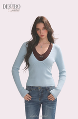 ミント レイヤード Vネック ロングスリーブ ニットウェア