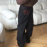 イタハートステッチ刺繍ワイドダークブルーデニムパンツ