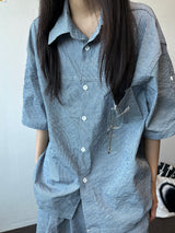 Logi Striped Linen Balloon Short Sleeve Shirt 2color