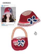 Hot Pink Knit Flower Bunk Hat & Bag Set 2