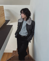 [premium] Frame Raccoon Collar Leather Jacket