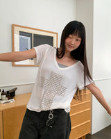 Chucking cross stud see-through V-neck short-sleeved T-shirt
