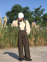 プレイドブリティッシュルーズサスペンダーカジュアルパンツ
