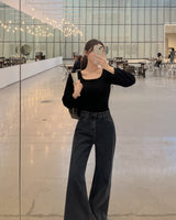 Fleece wide denim pants