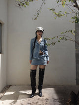 ROAD POCKET DENIM SHIRTS & MINI SKIRT SET WITH BELT