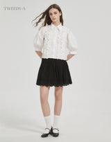 Double ribbon lace banding flare skirt black