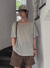 ボニーリネンストライプUネック半袖Tシャツ