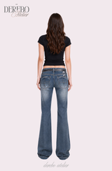 Cross-washed long semi-bootcut denim