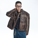 Washed Line Leather Jacket - BROWN