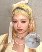 [IVE Rei Necklace] Three Ribbons Pearl Choker Necklace - Silver Color