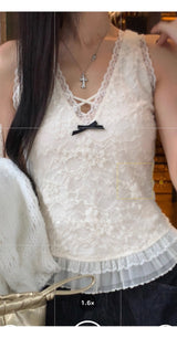 Best Lace V-neck Frill Sleeveless T-shirt