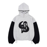 WASHED DENIM APPLIQUE SHORT HOODIE_TWO TONE GRAY/BLACK