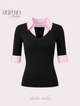 Pink black steady collar V top