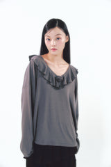 Rose Brooch Frill Long Sleeve Charcoal