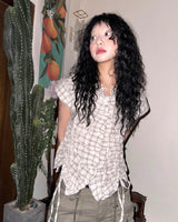 (2color) Ruffle Shirring Check Cap Blouse