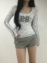Lace Number Sheer Long Sleeve T