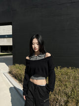 Halter collar sleeveless & long sleeve cropped knit two-piece set (2 colors)