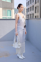 V-Neck Scarf-Set Dress (Blue Gray)