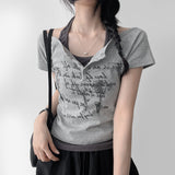 Halterneck button shirring off-shoulder short-sleeved T-shirt (3 colors)