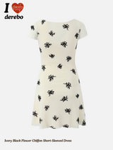 Ivory Black フラワーシフォン半袖ワンピース