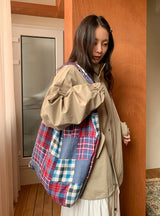 Zmeb コットンチェックパッチワークショルダーバッグ