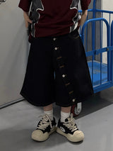 wrap button half denim pants