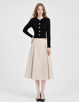 Mirabelle Gold Horsebit Pleated A-Line Midi Skirt Cream