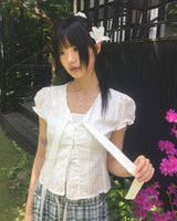 Yudo Tie Ribbon Puff Short-Sleeve Blouse