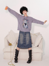 Floral print long-sleeved vintage pullover sweater