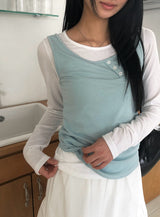 26SS★ [MADE] コリンダイアゴナルボタンスリーブレスシースルーレイヤードTシャツ