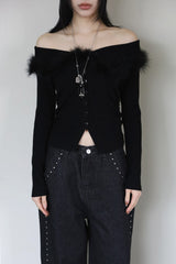 Leaf fur off-shoulder knit