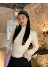 lace ribbed white turtleneck long-sleeved knitwear