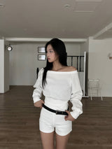 Unbalanced off-shoulder side slit brushed long sleeve sweatshirt (6 colors)