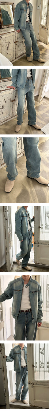 [S-XL] Light blue half banding denim pants