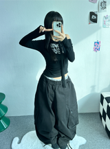 スカーフポイントシャーリングセミクロップレタリングロングスリーブ T🖤💙🤍🤎 - 4 カラーズ