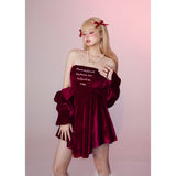[Girly Fancy Club] レトロレッドベルベットツーピースプリンセスドレス