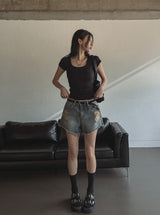 ボヘミアンフリンジショートデニムパンツ