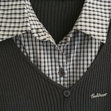 Layered Check Shirt Knit Top 231330484