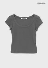 [B-BASIC] ベーシックリブワイドUネックキャップスリーブ半袖トップ (2 Size)
