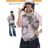 BETWEENAND Summer Millennium Pink Camo-Print V-Neck Loose Short-Sleeve T-Shirt for Women