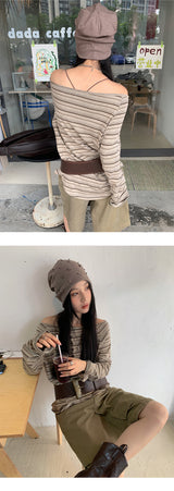 wide neck loose fit stripe long-sleeve t-shirt