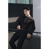 Leather ribbed henry neck long sleeves(Black)