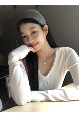Pearl Bow V-neck V-neck V-neck Long Sleeve T-shirt