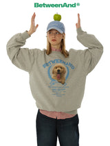 BETWEENAND Cute round-neck gray hoodie for women, casual loose fit, pair set with puppy tongue design in autumn